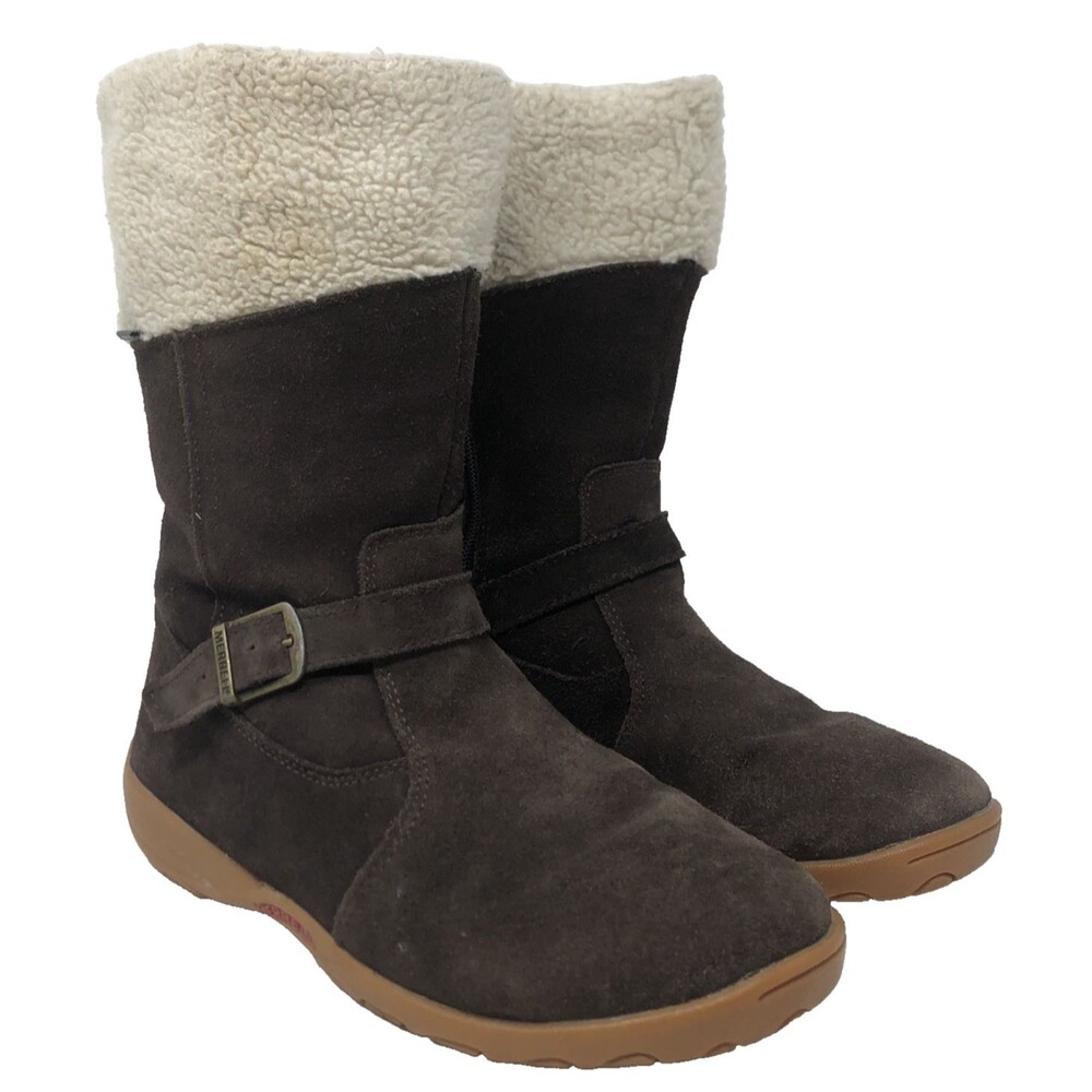 MERRELL Mimosa Harvest Suede Winter Boots Womens Sz 6 EU 36 Brown Buckle Sherpa